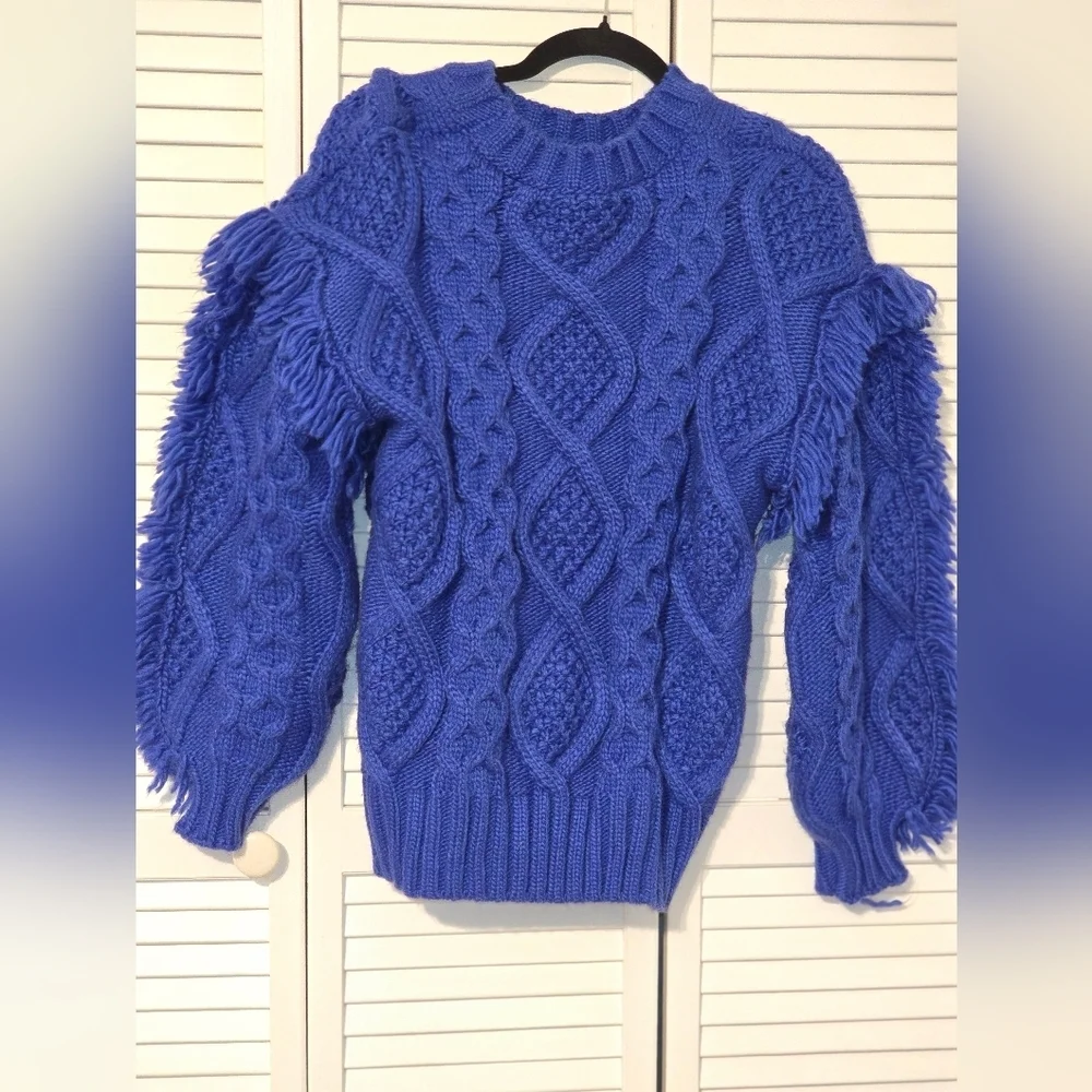 Fantastic Fawn Chunky Fringe Cable Knit Sweater | Royal Blue | Size Small NWOT - Picture 2 of 5